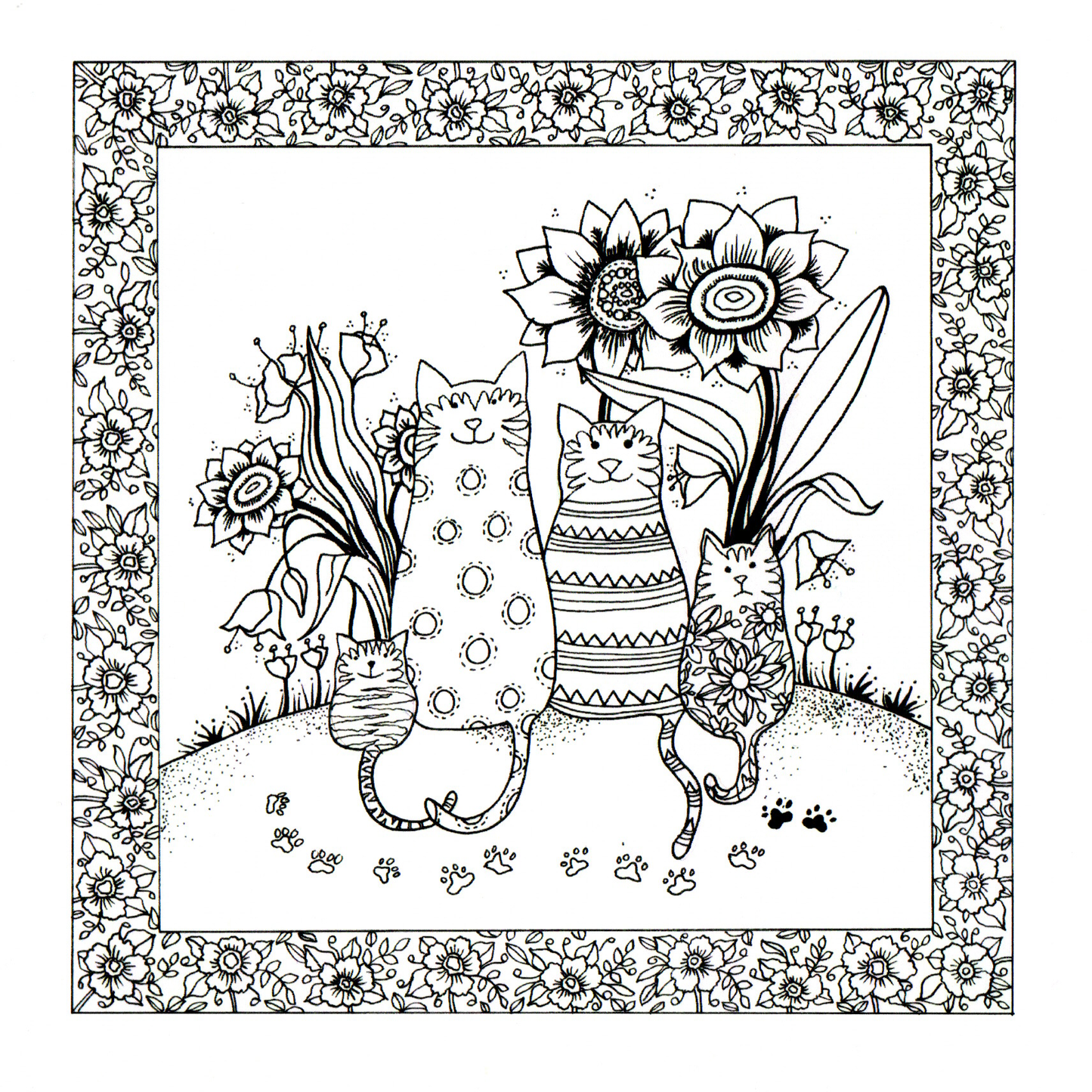 Colour Your Own Cats Three Cats Surrounded By Flowers — wholesale greeting card
