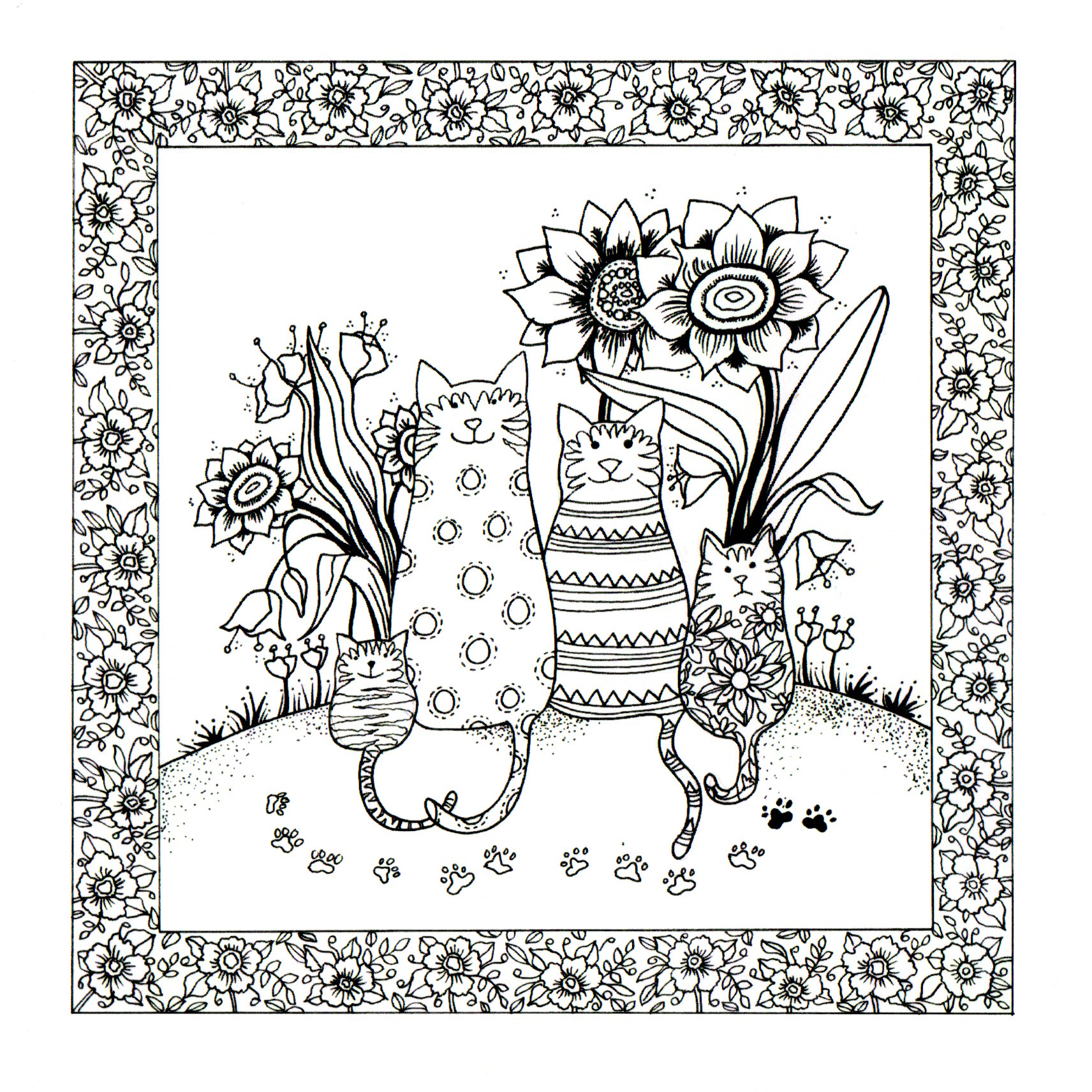 Colour Your Own Cats Three Cats Surrounded By Flowers — wholesale greeting card