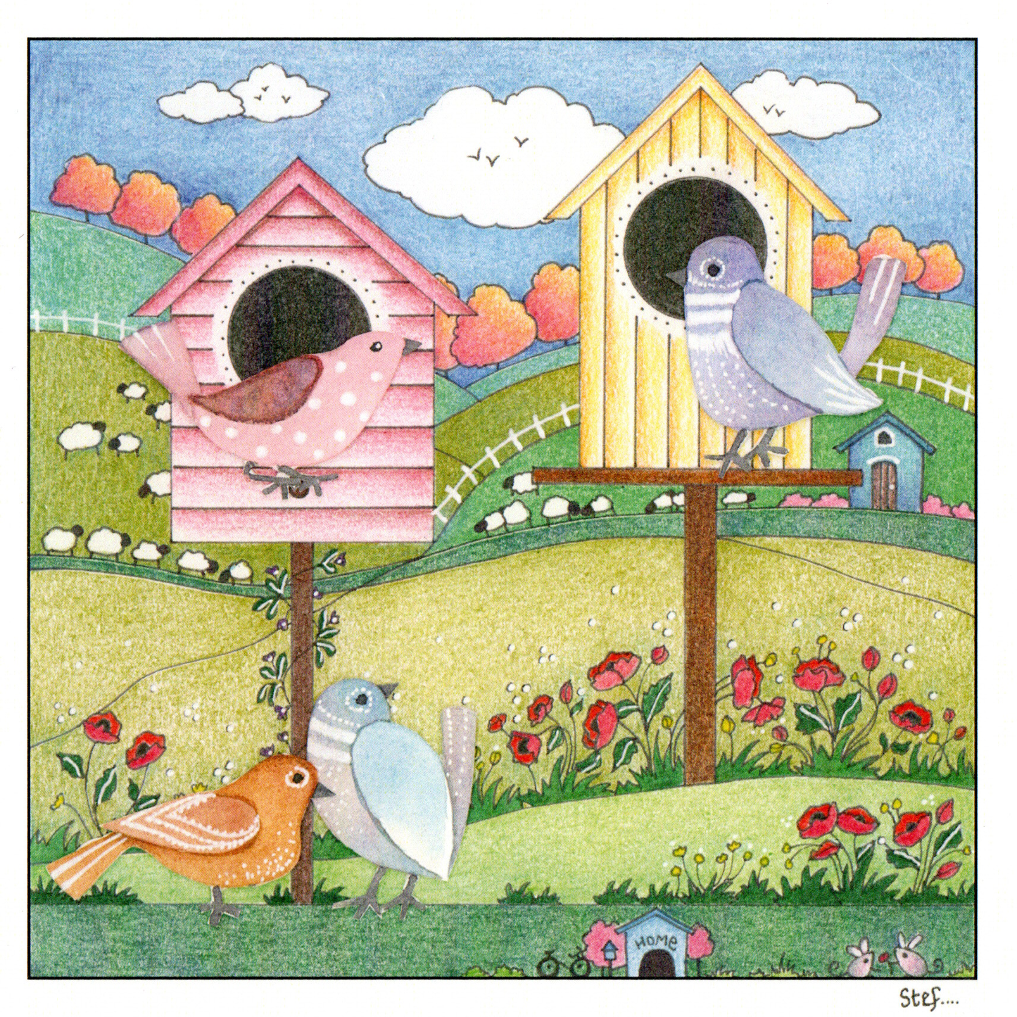 Four colourful birds perched beside their pretty little houses — wholesale greeting card
