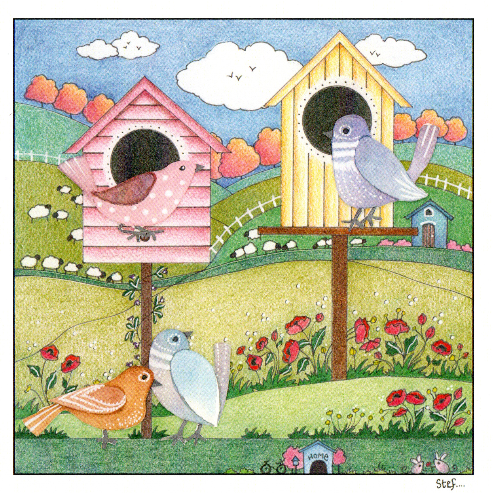 Four colourful birds perched beside their pretty little houses — wholesale greeting card