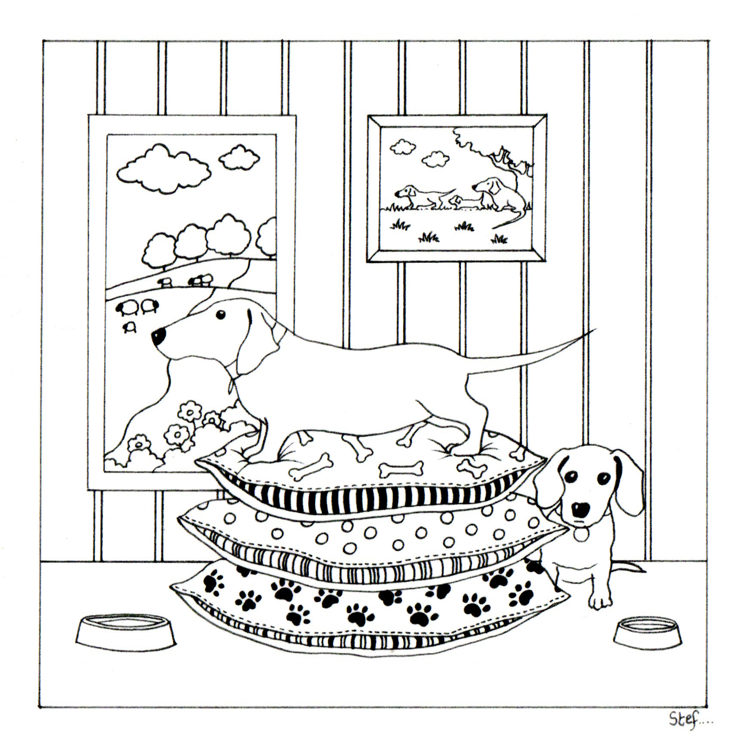 Colour Your Own Dachshunds On A Dog Bed image 0