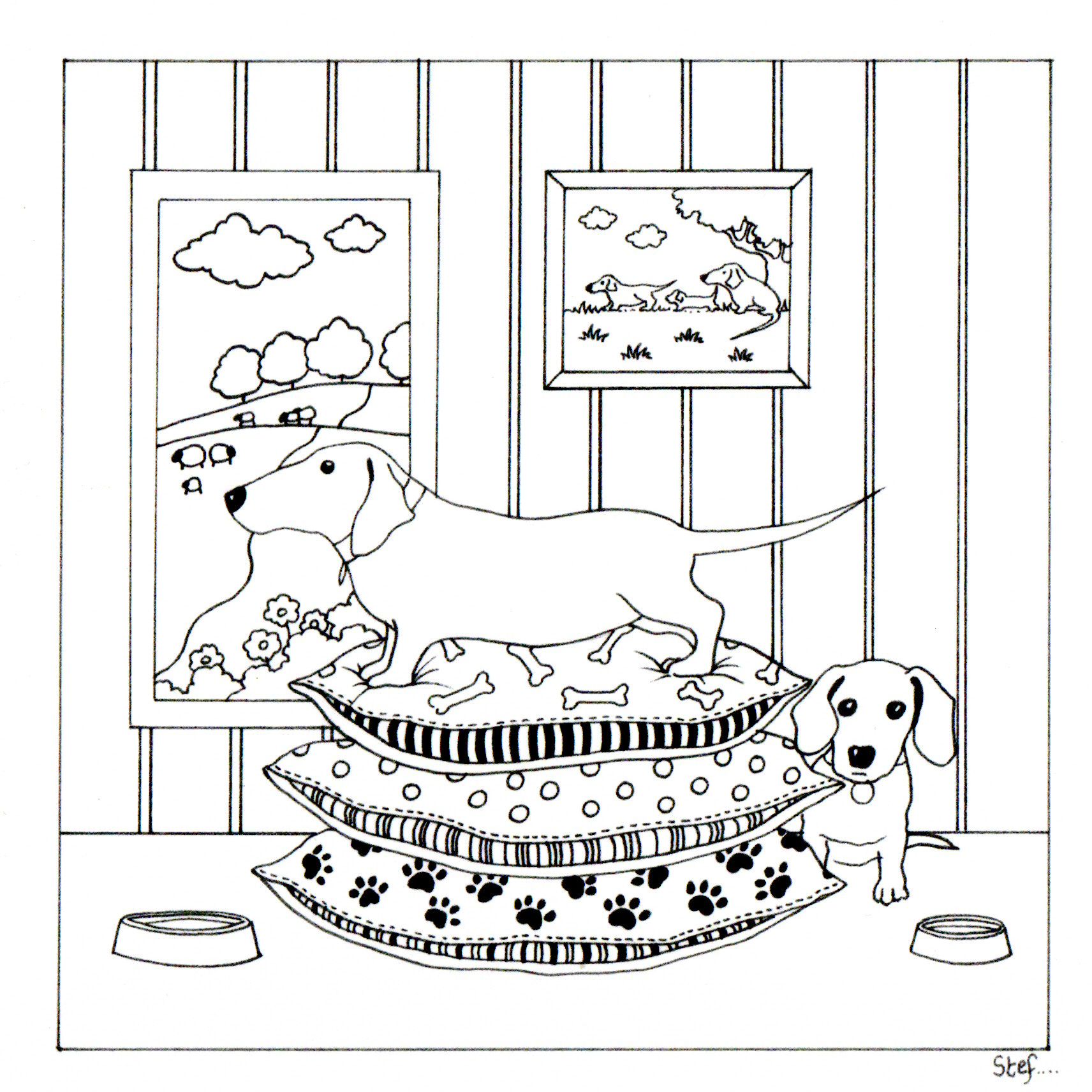 Colour Your Own Dachshunds On A Dog Bed image 0