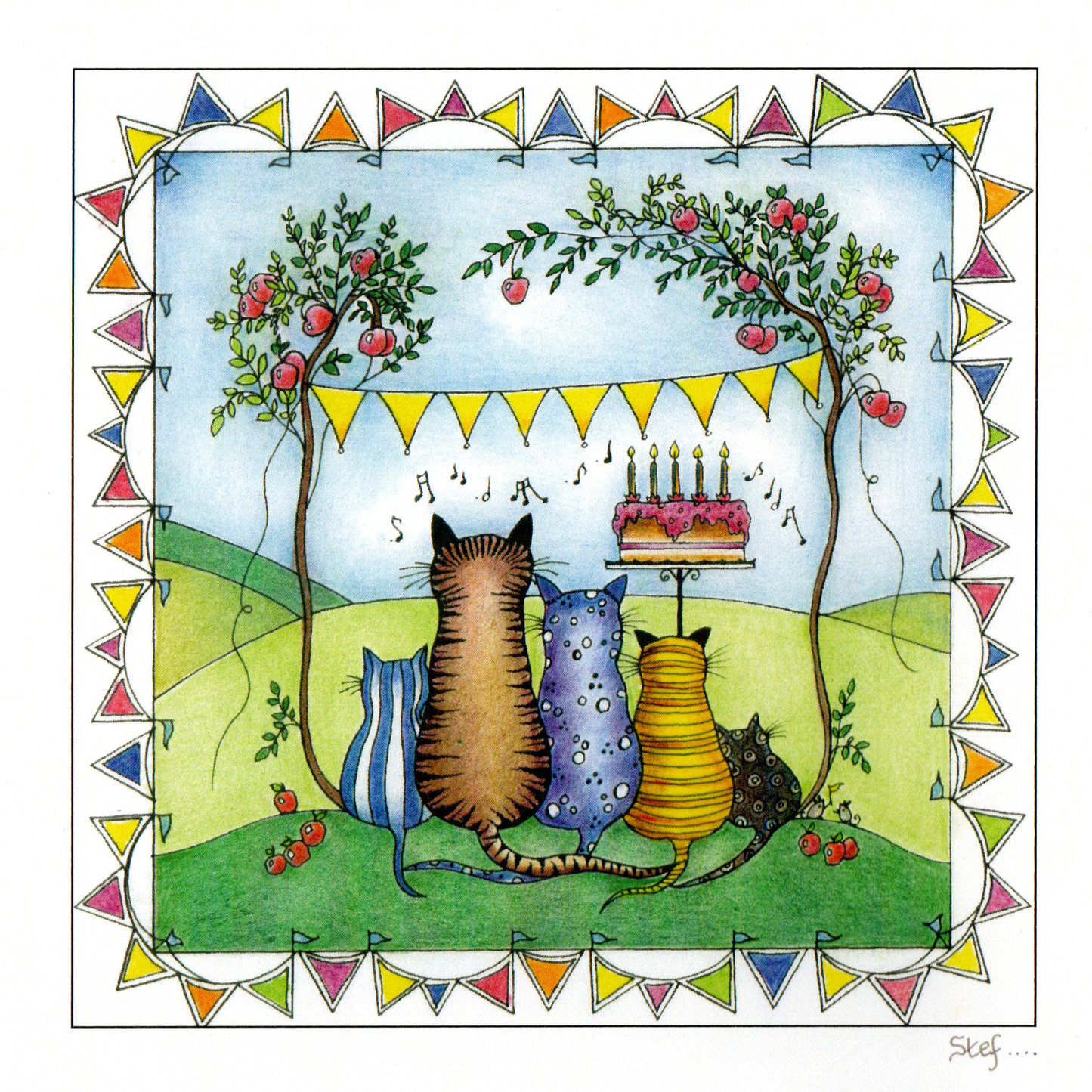 Five Cats Celebrating A Birthday in a garden — wholesale greeting card