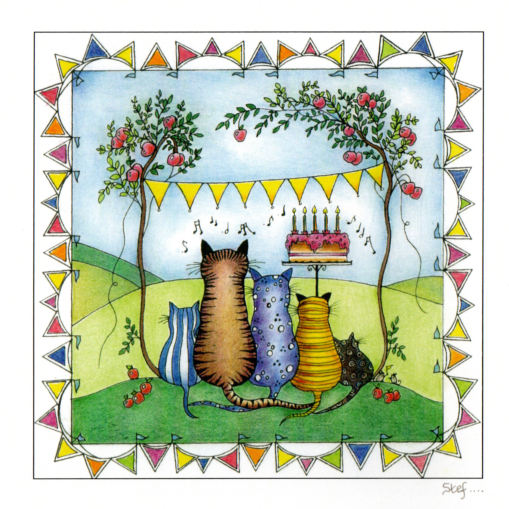 Five Cats Celebrating A Birthday in a garden — wholesale greeting card