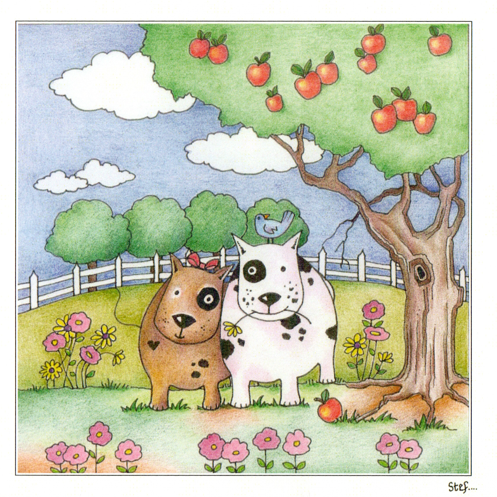 Two dogs in the countryside under an apple tree image 0
