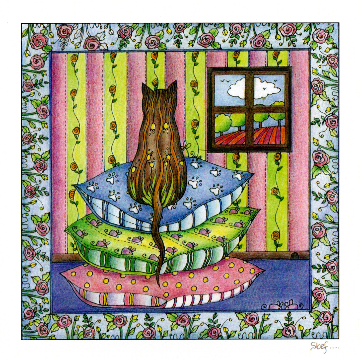Colour Your Own Cat On Cushions greeting card, reverse