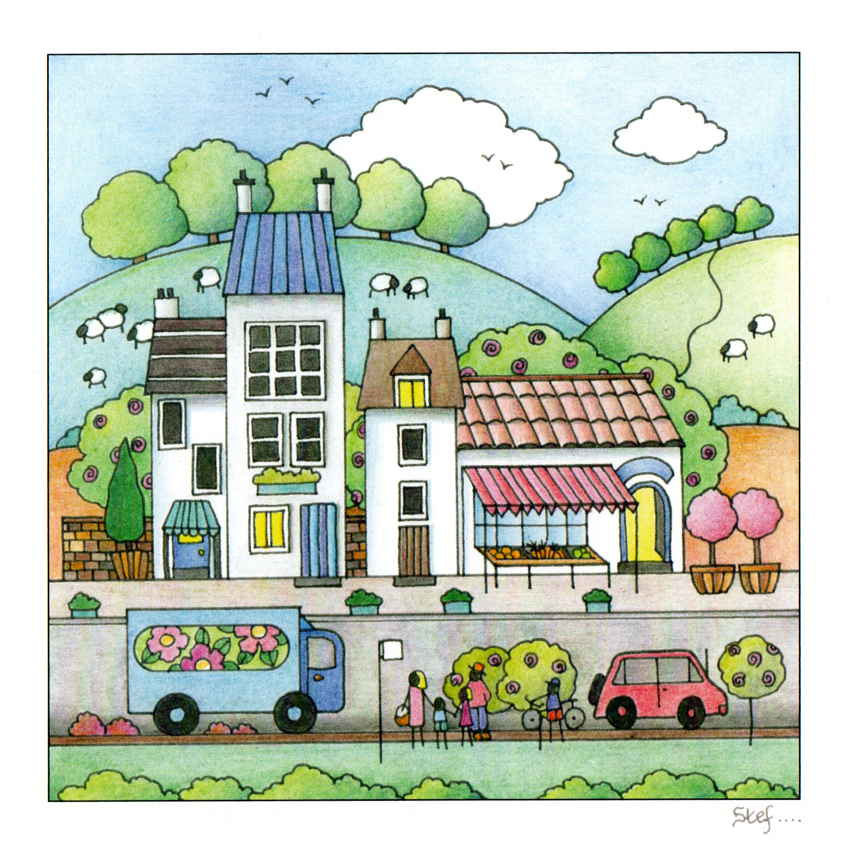 A Busy Colourful Street Scene — wholesale greeting card