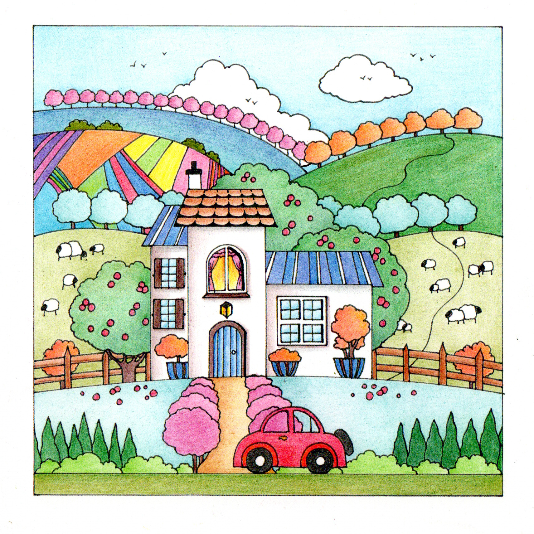 landscape scene of cottage and row of trees on a hill — wholesale greeting card