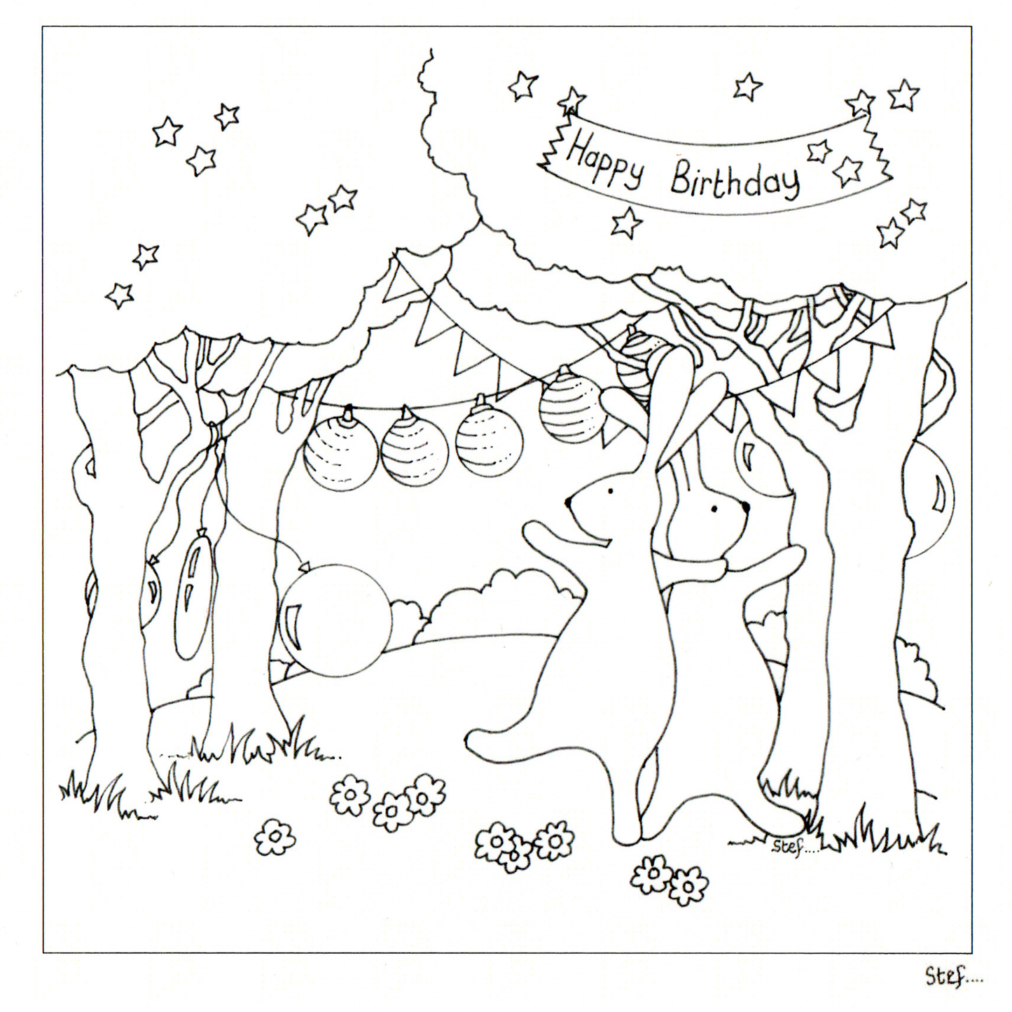 Colour Your Own Two Hares Dancing Happy Birthday — wholesale greeting card