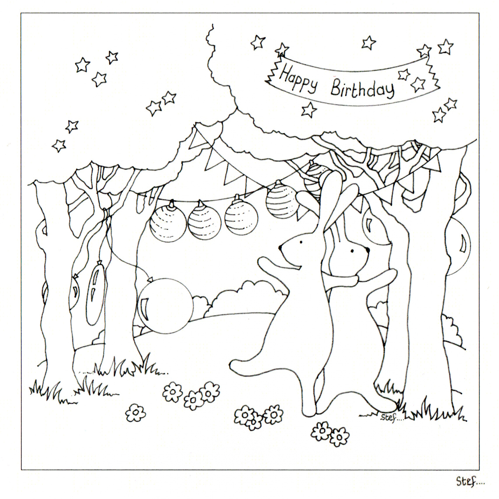 Colour Your Own Two Hares Dancing Happy Birthday — wholesale greeting card