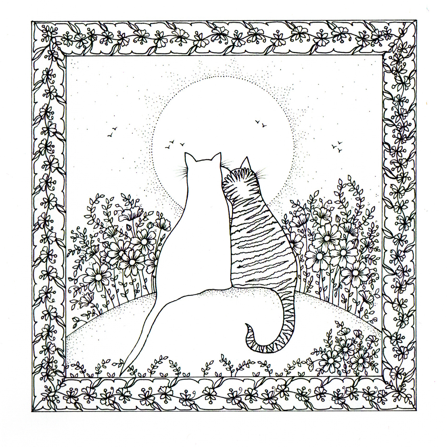 Colour Your Own Two Cats Snuggled Up Looking At The Moon — wholesale greeting card