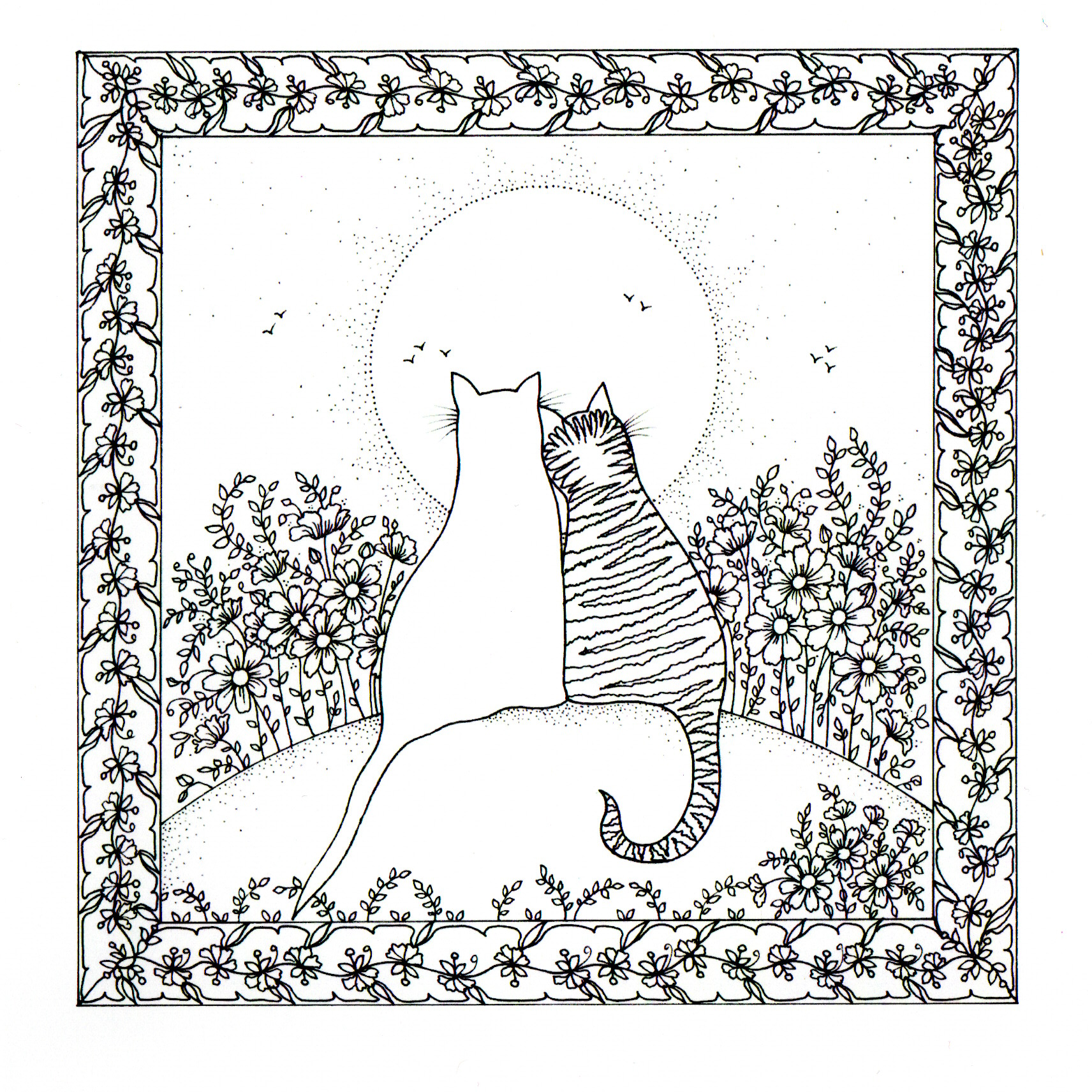 Colour Your Own Two Cats Snuggled Up Looking At The Moon — wholesale greeting card