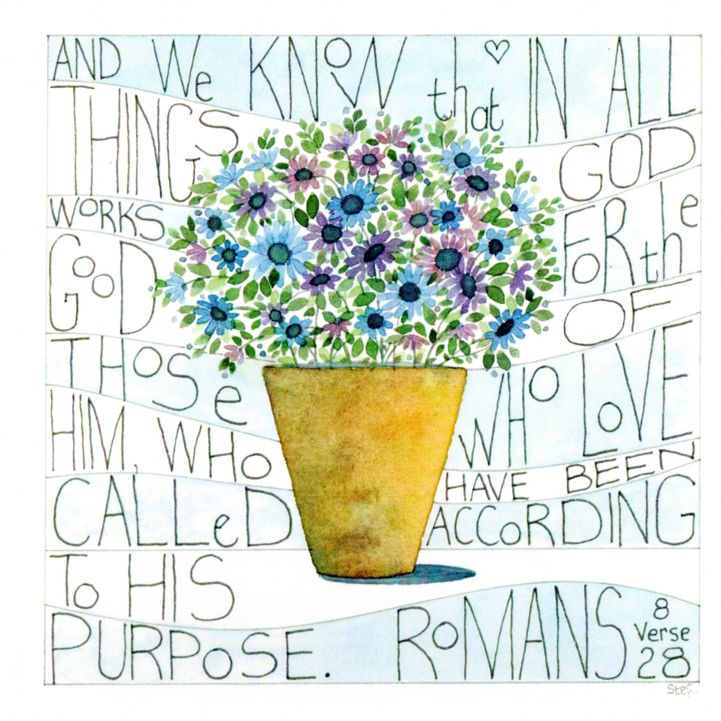 Christian primrose card with Romans 8 28 scripture — wholesale greeting card