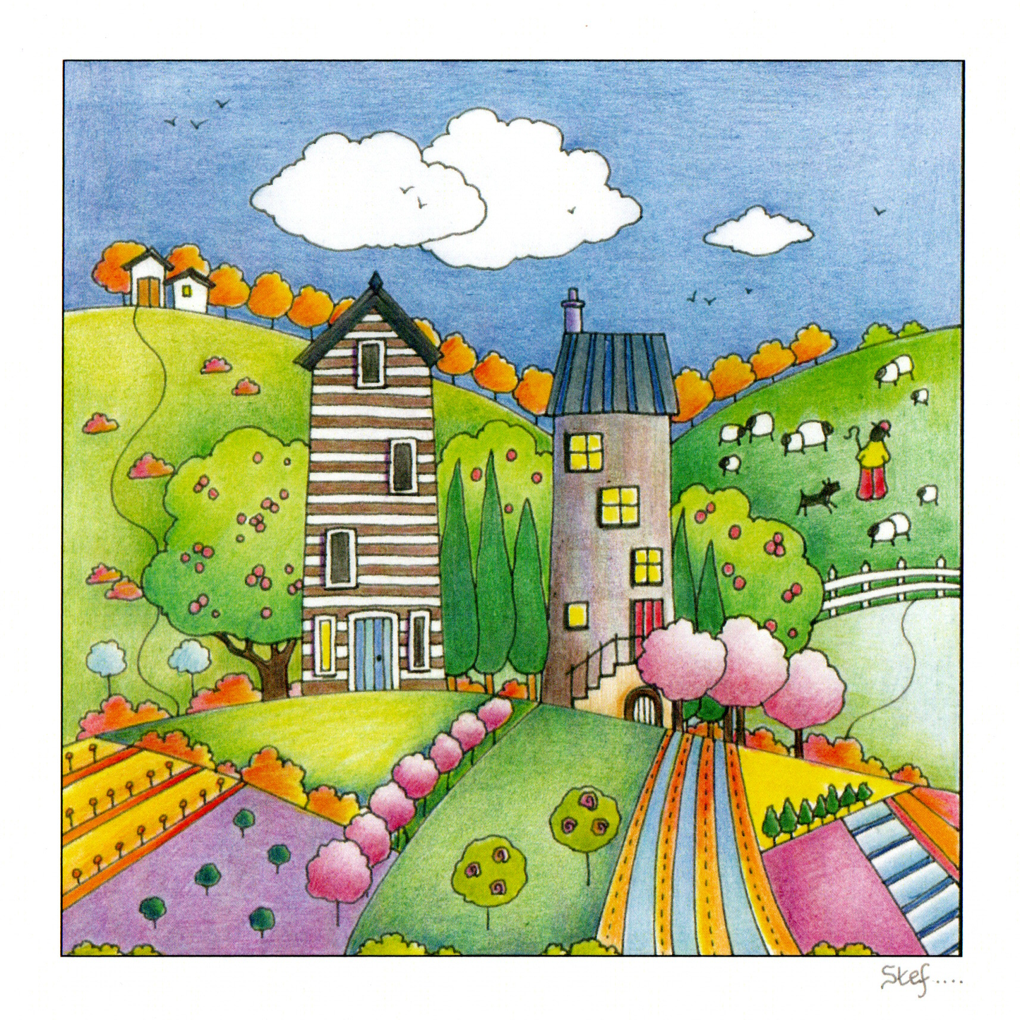 Houses on  in a countryside scene — wholesale greeting card