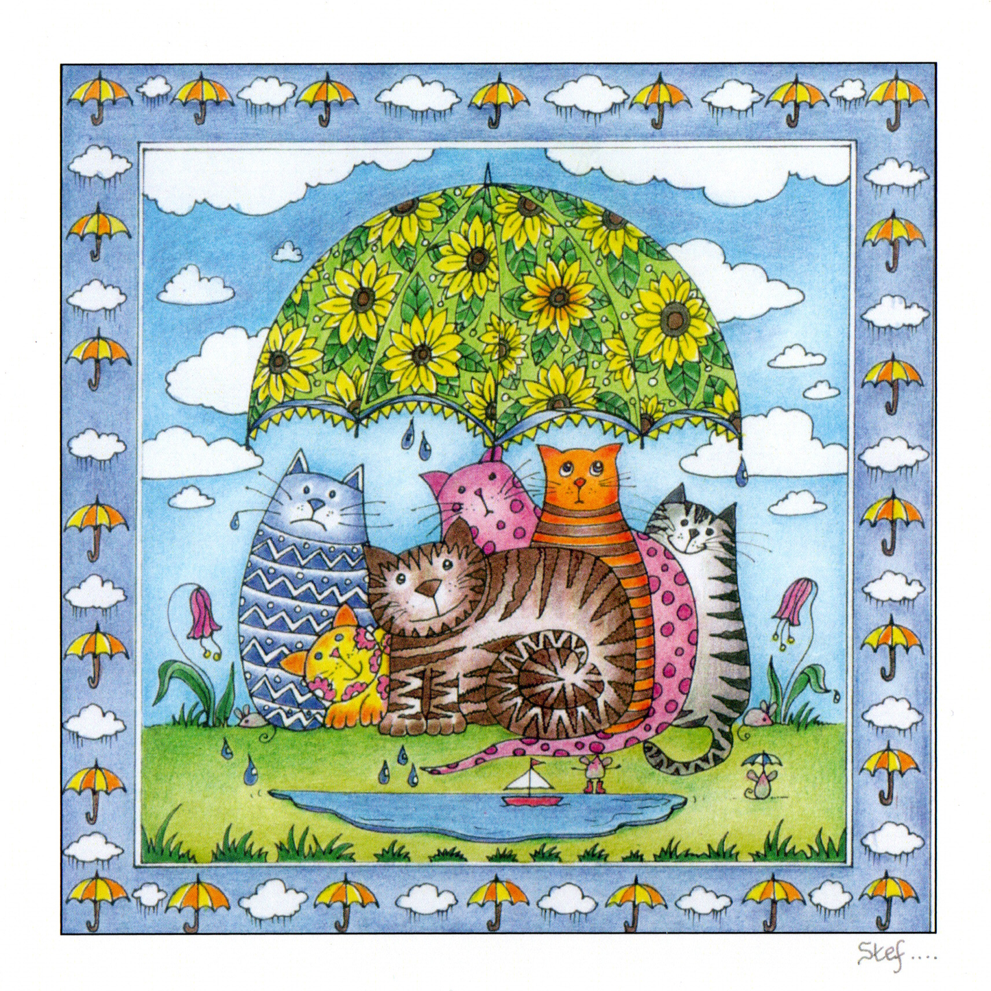 Six cats sheltering from the rain — wholesale greeting card