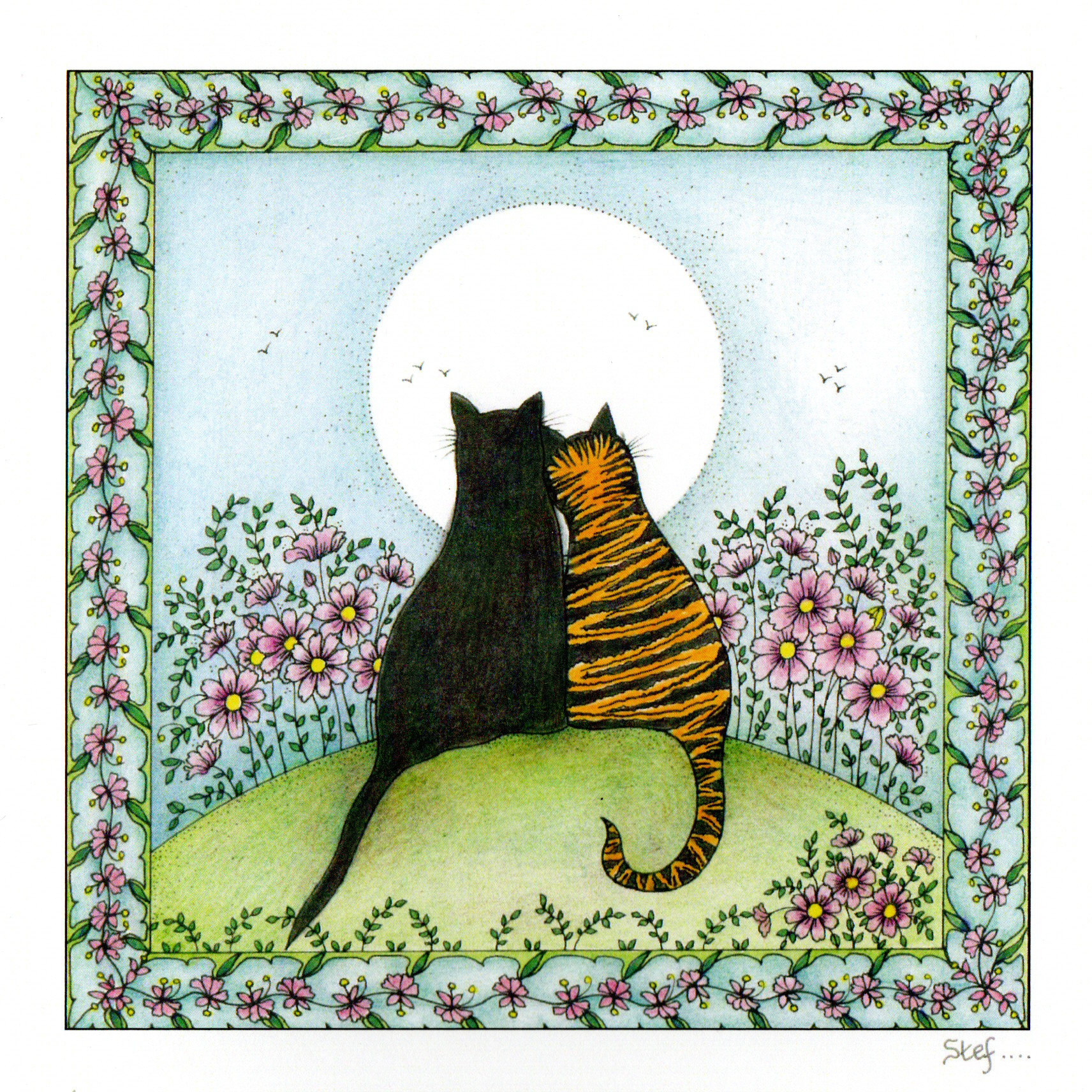 Two cuddly cats staring at the moon — wholesale greeting card