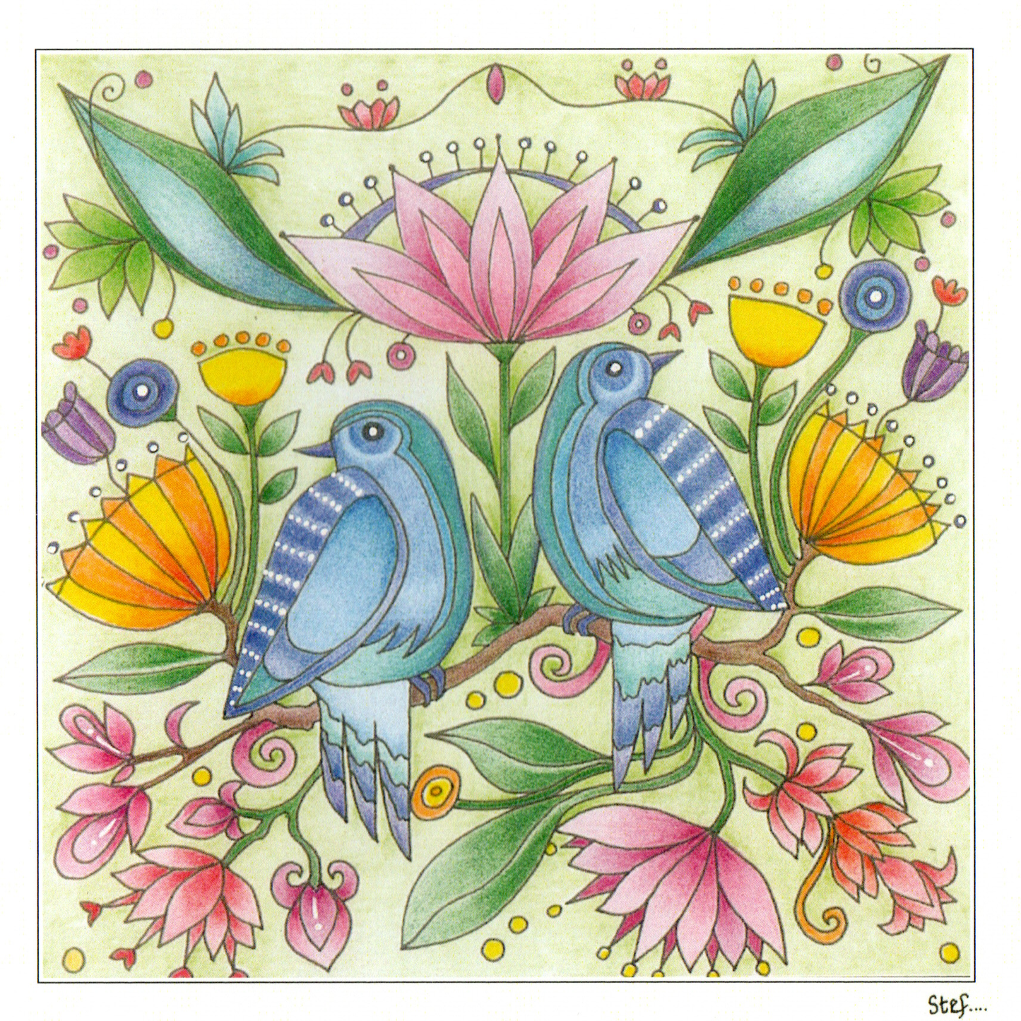 Two Bluebirds surrounded by flowers — wholesale greeting card