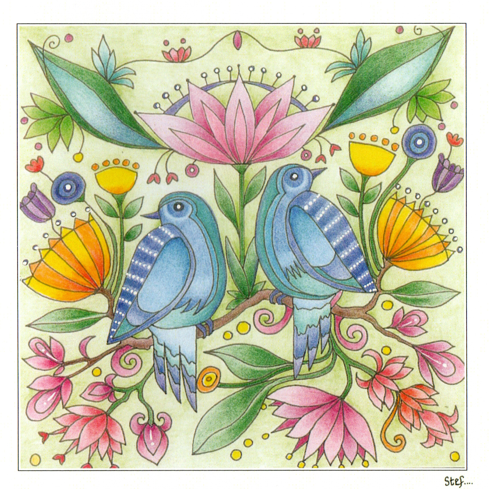 Two Bluebirds surrounded by flowers — wholesale greeting card