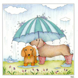 Two Dachshunds Sheltering From The Rain — wholesale greeting card