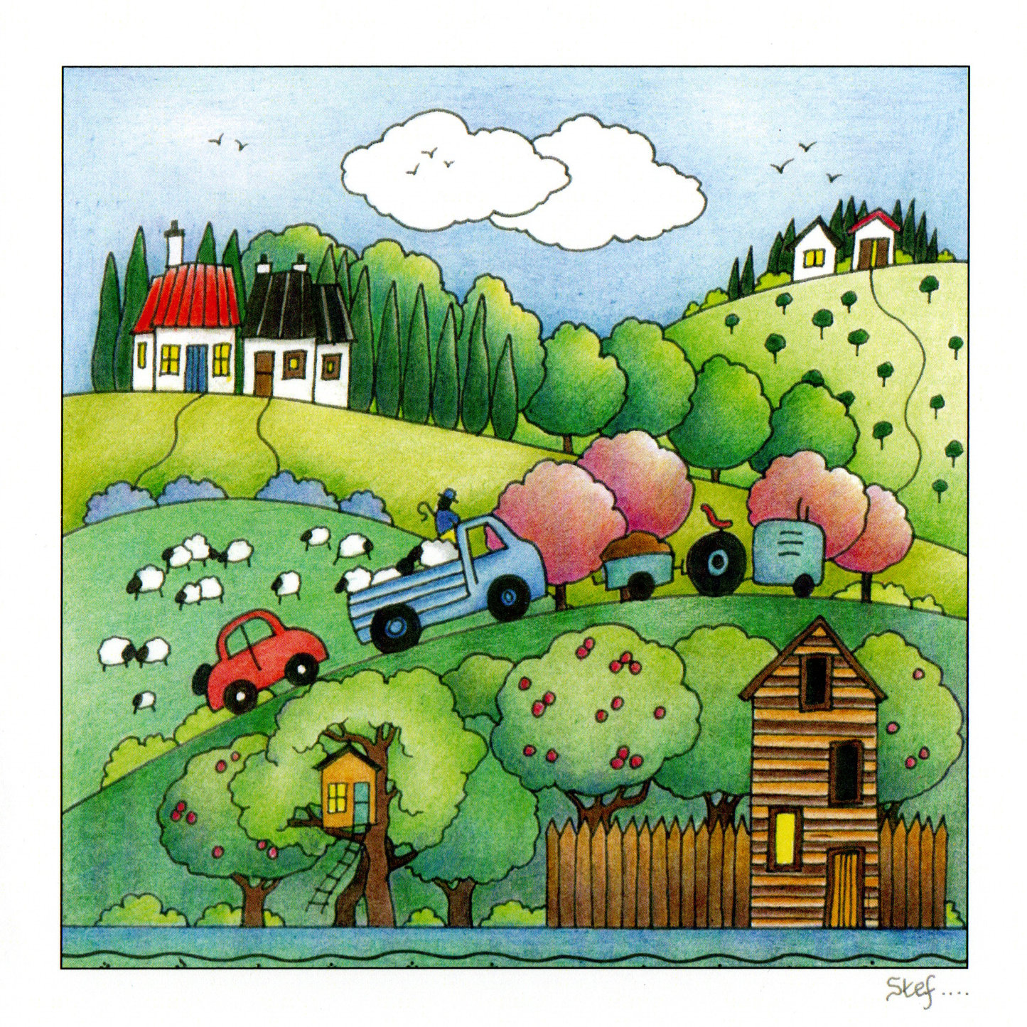A Country Scene Featuring A Treehouse And Trees — wholesale greeting card
