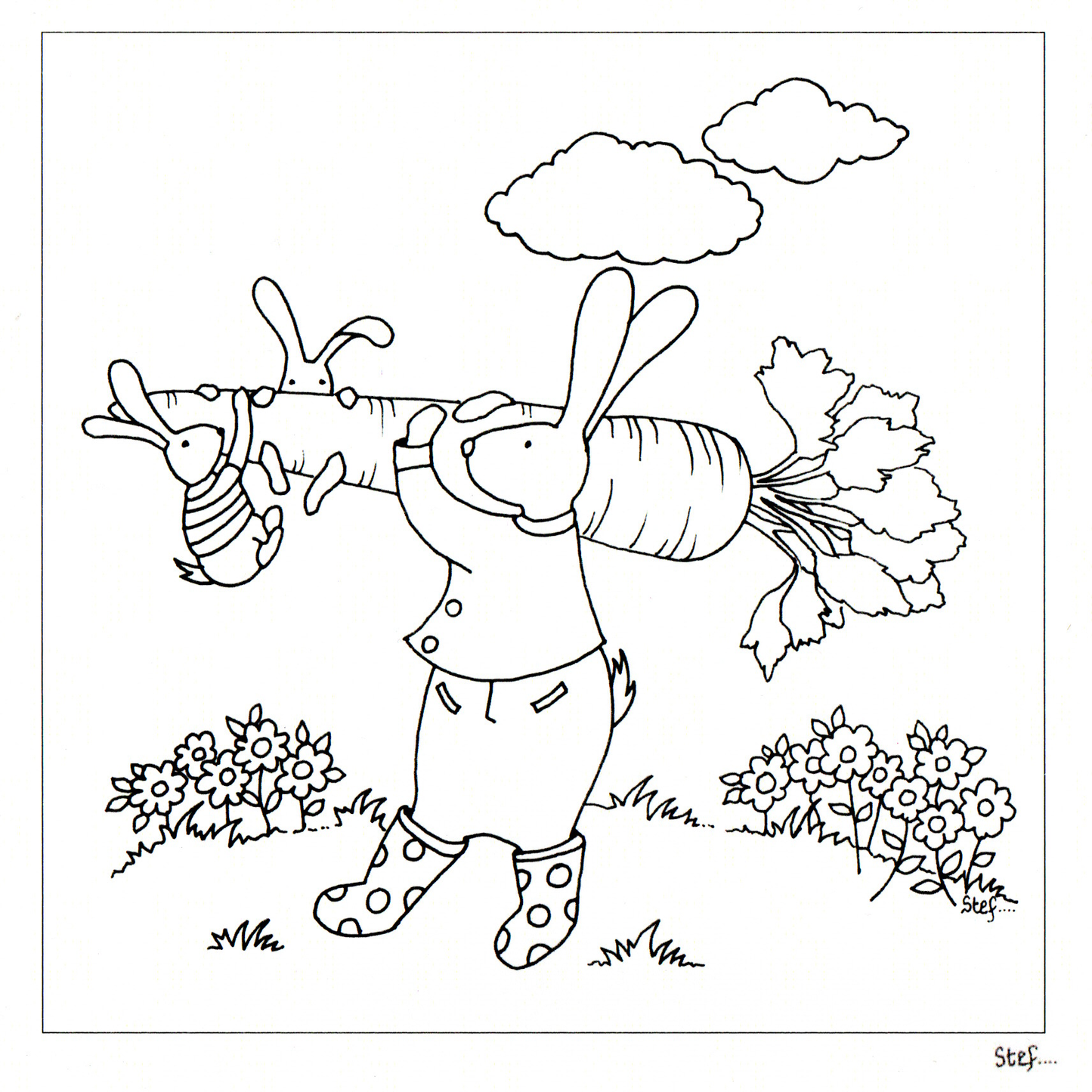 Colour Your Own Three Hares Carrying A Carrot — wholesale greeting card