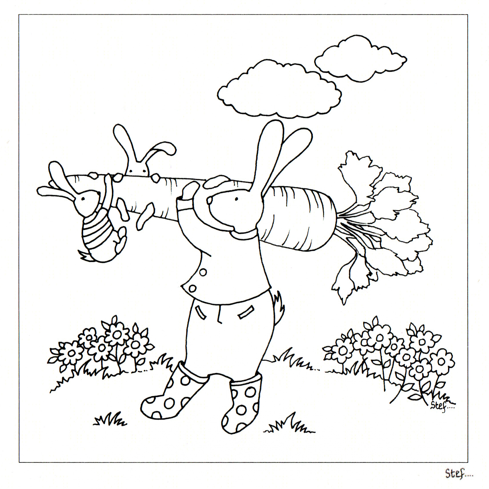 Colour Your Own Three Hares Carrying A Carrot — wholesale greeting card