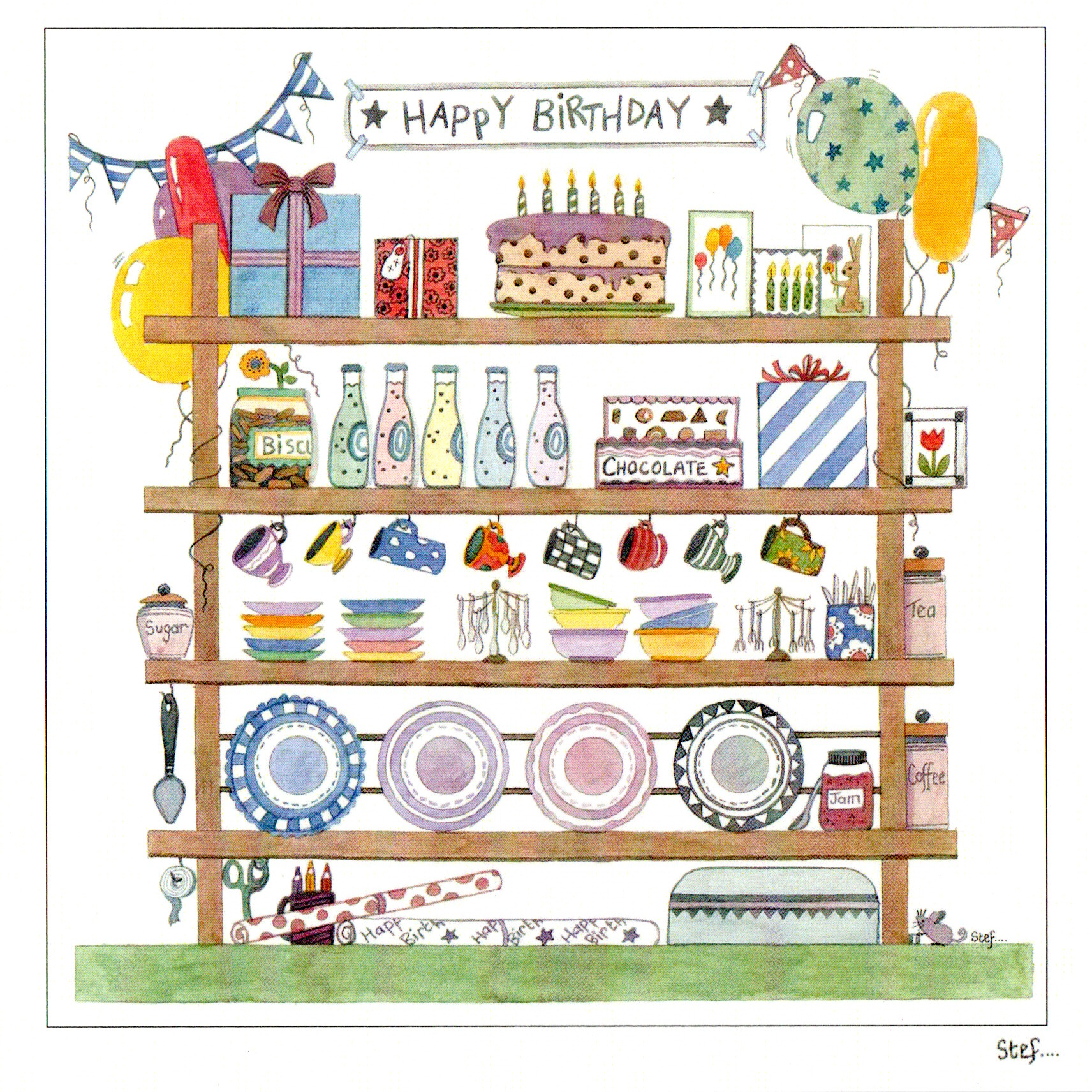 Happy Birthday Bookcase Card with Gifts and Cake image 0