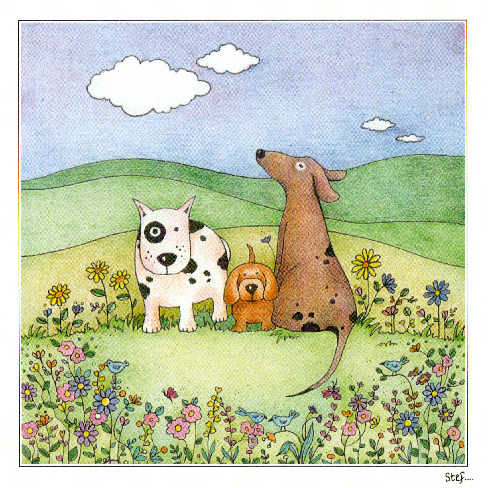 Three Lovely Dogs In A Field — wholesale greeting card