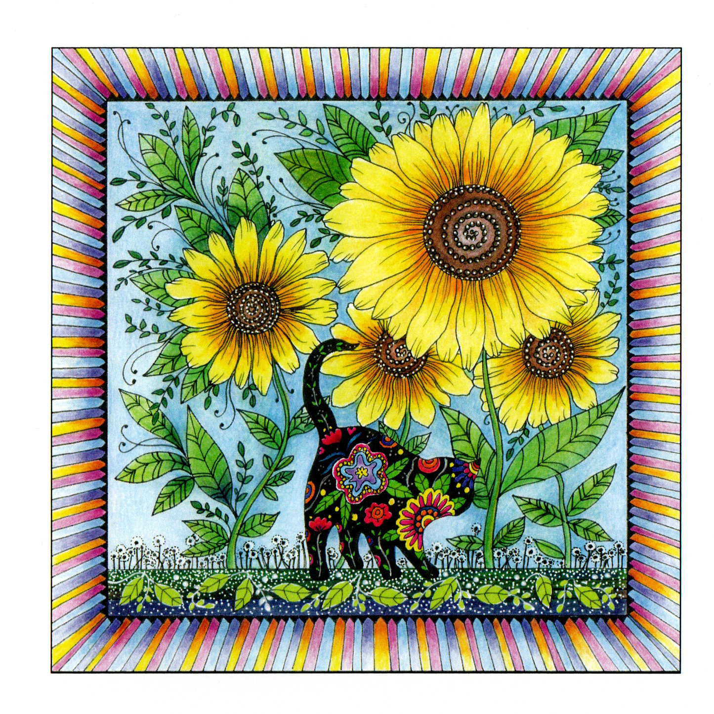 A cat sitting under four sunflowers image 0