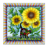 A cat sitting under four sunflowers image 0