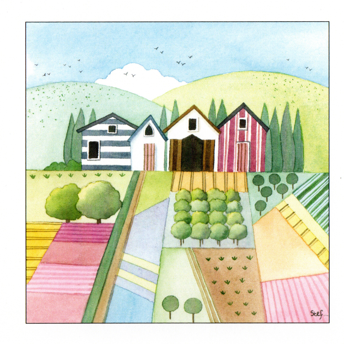 Four houses In A Colourful Patchwork Fields — wholesale greeting card