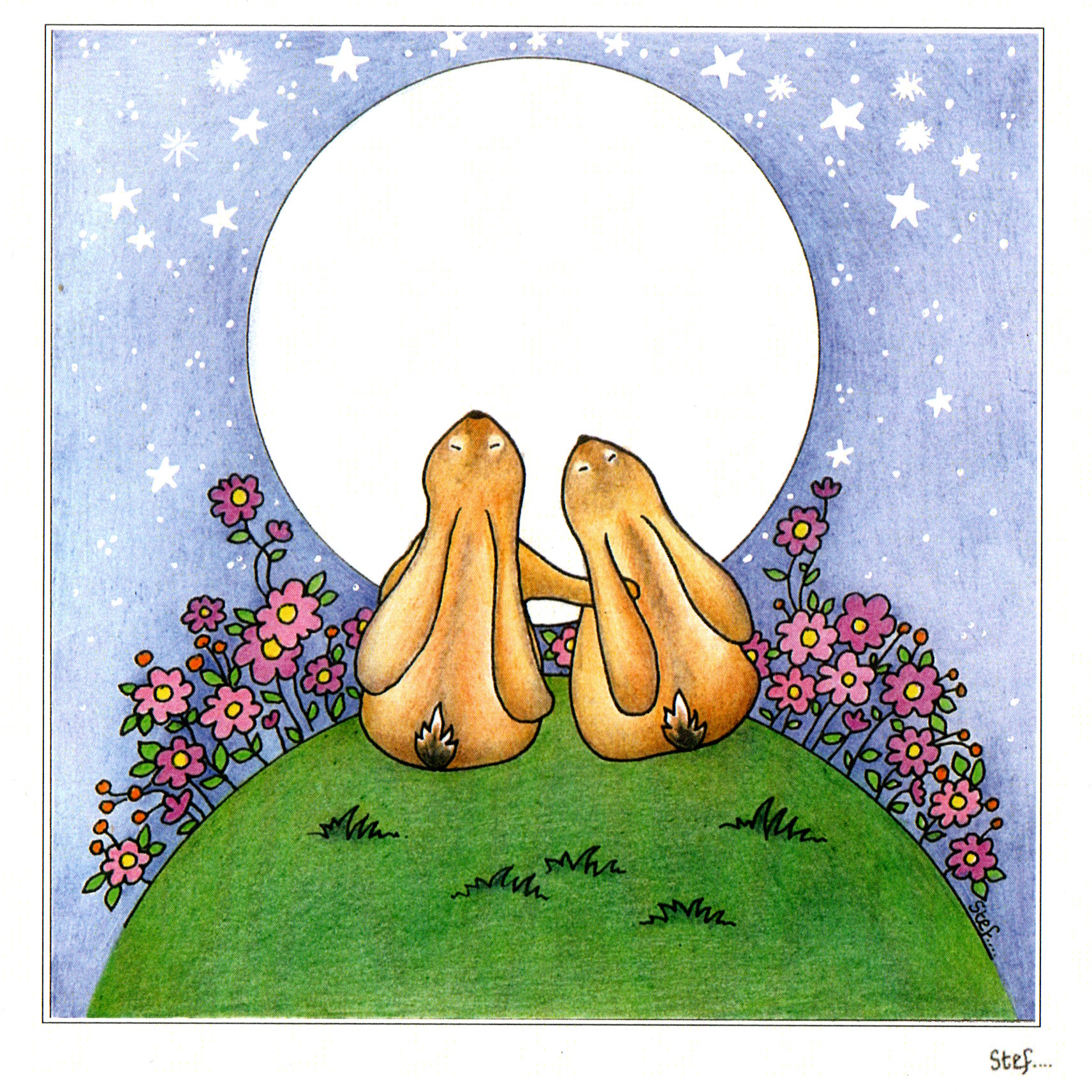 Two hares looking up to the moon — wholesale greeting card