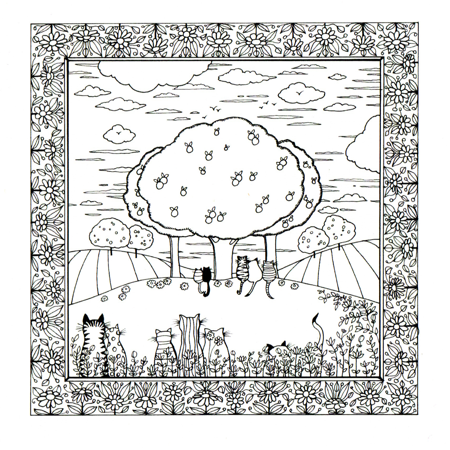Colour Your Own Cats Lots Of Cats Under Trees — wholesale greeting card