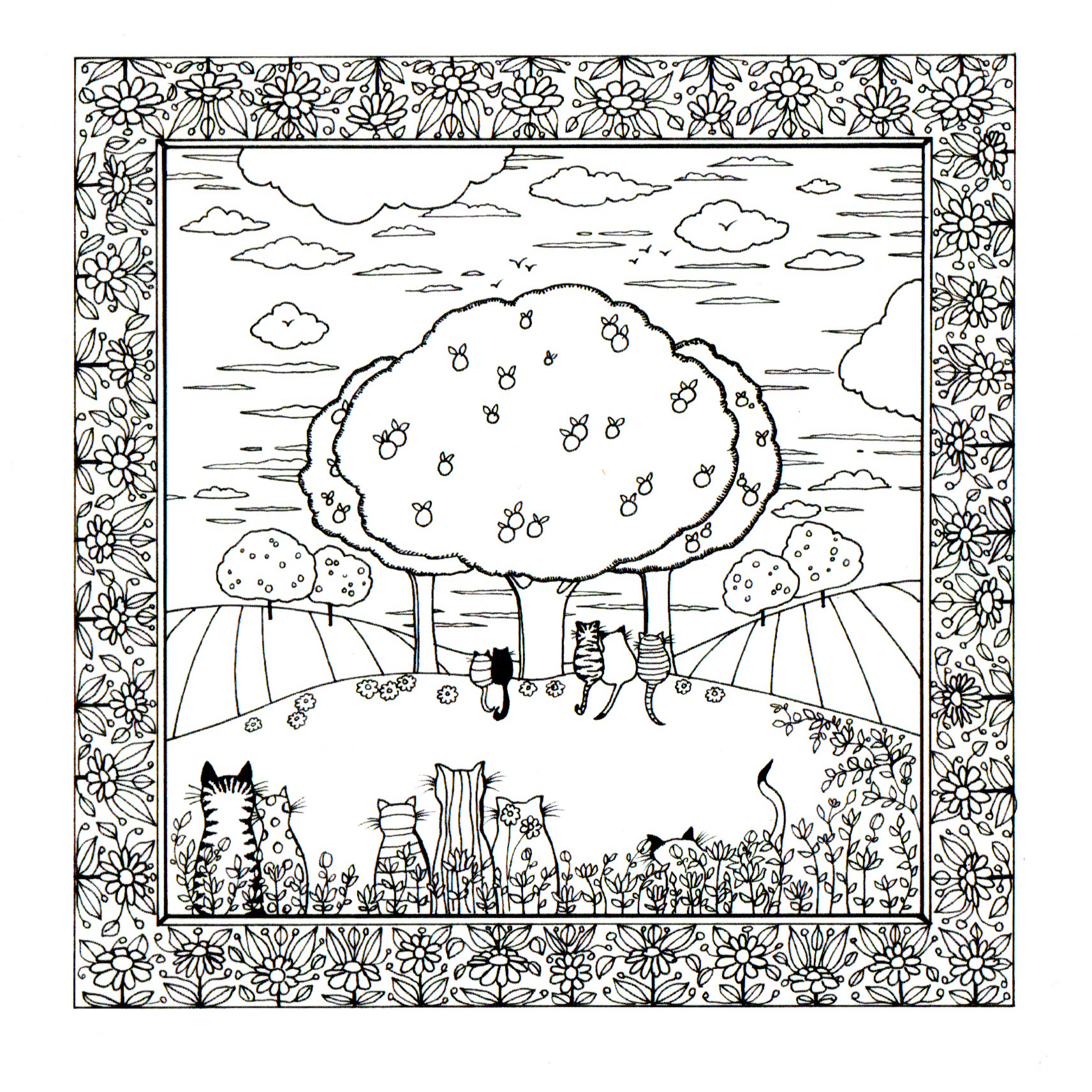 Colour Your Own Cats Lots Of Cats Under Trees — wholesale greeting card