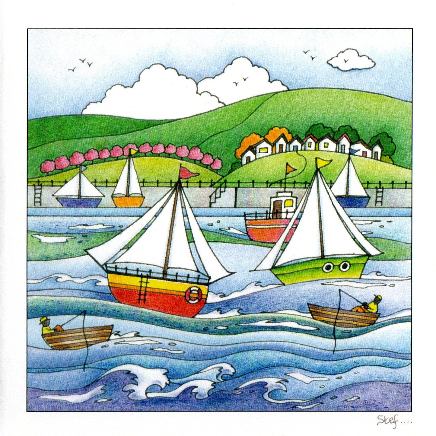 Yachts and Rowing Boats With Men Fishing On The Sea — wholesale greeting card