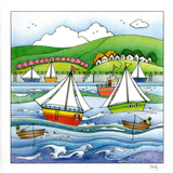 Yachts and Rowing Boats With Men Fishing On The Sea — wholesale greeting card