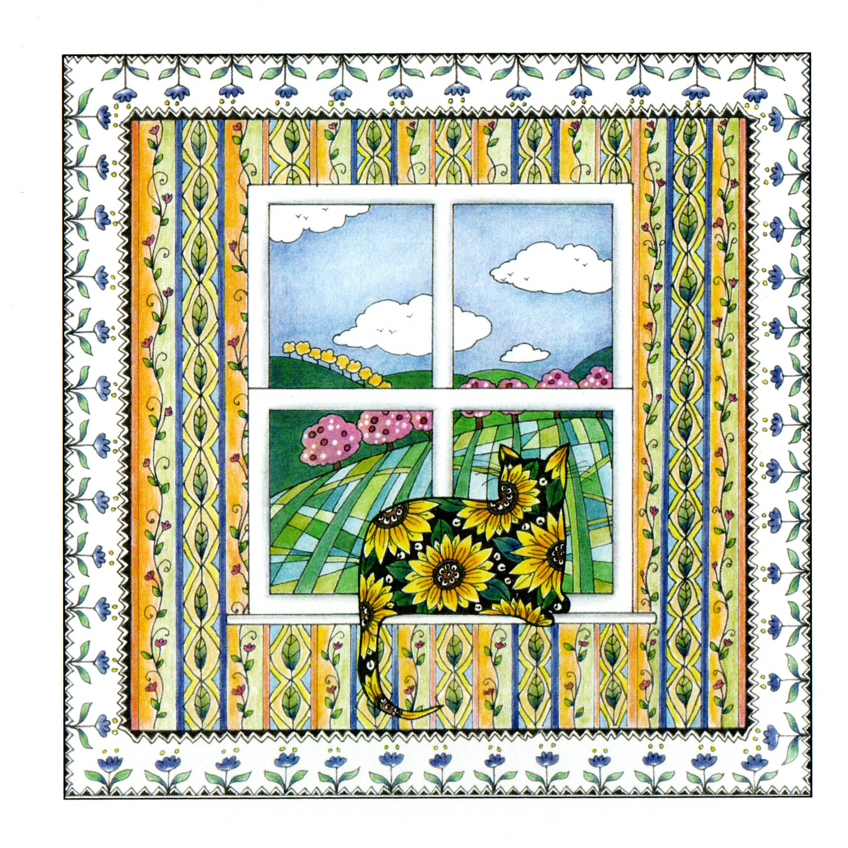 colour your own cat staring out of the window greeting card, reverse