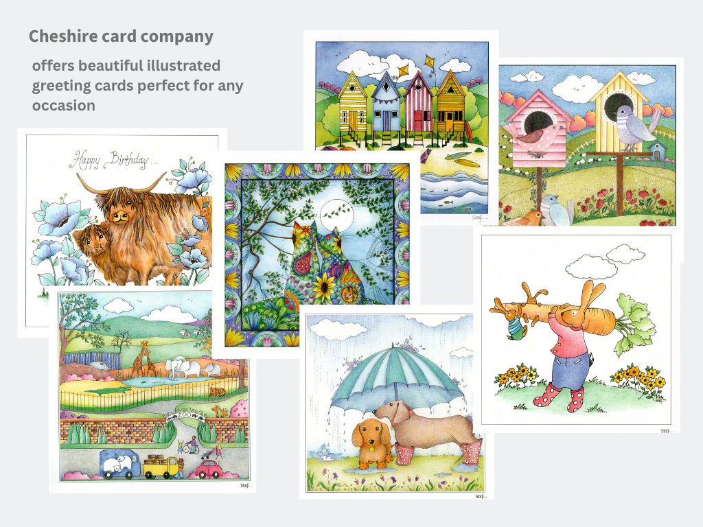 Wholesale illustrated greeting cards collage showing hand-drawn designs including animals, coastal scenes and countryside artwork