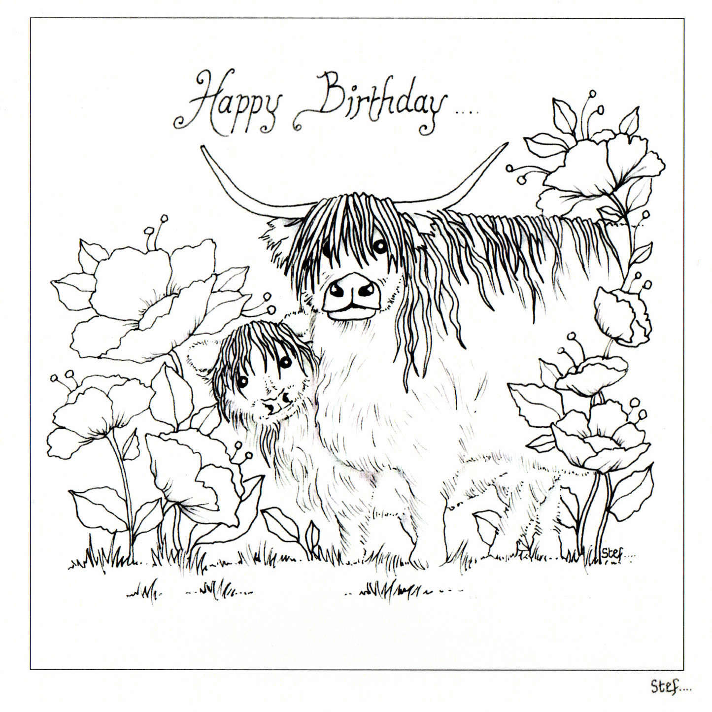 Colour Your Own Happy Birthday Highland Cow — wholesale greeting card