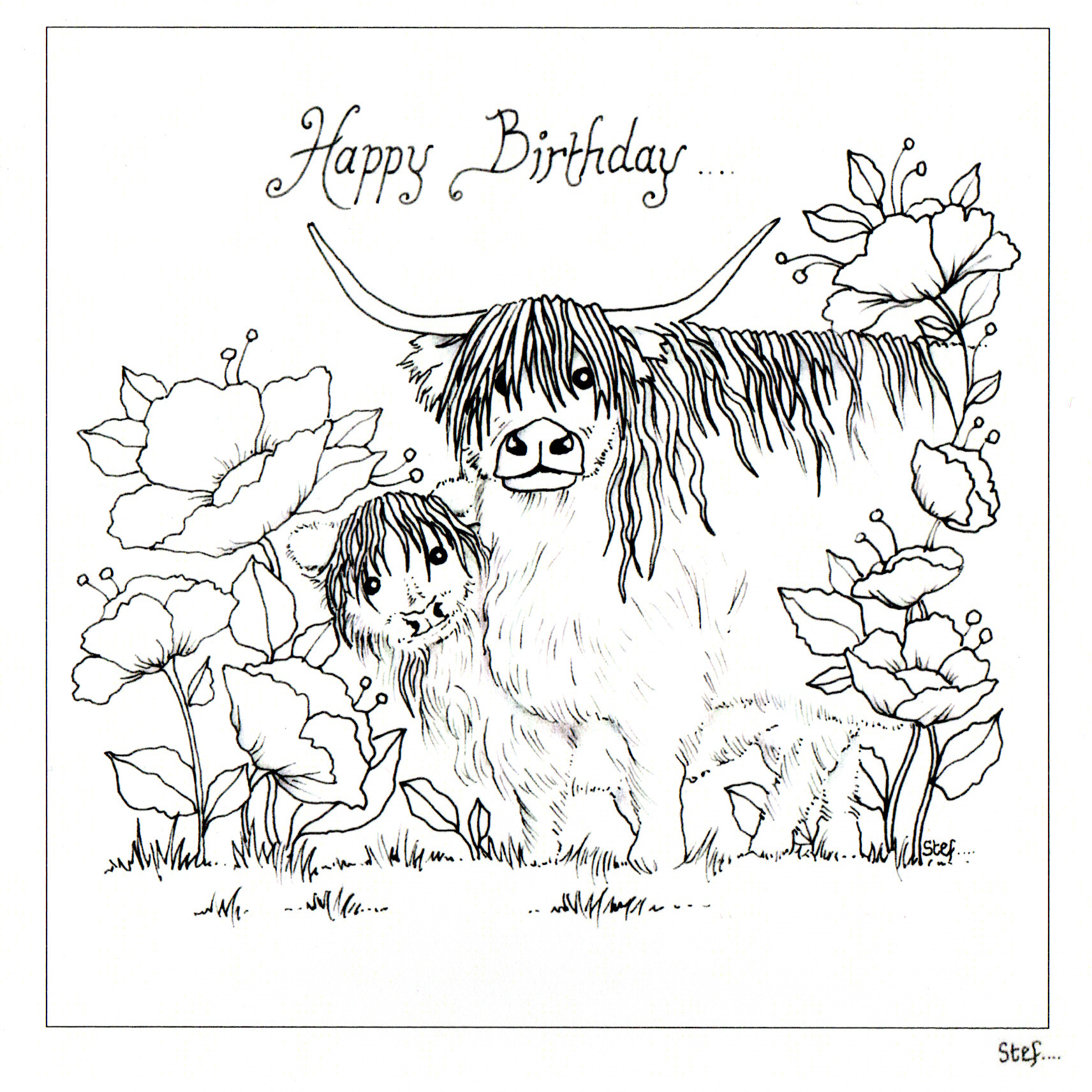 Colour Your Own Happy Birthday Highland Cow — wholesale greeting card