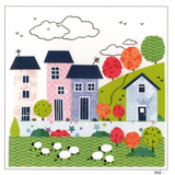 Four Patterned Houses On Green Hills — wholesale greeting card