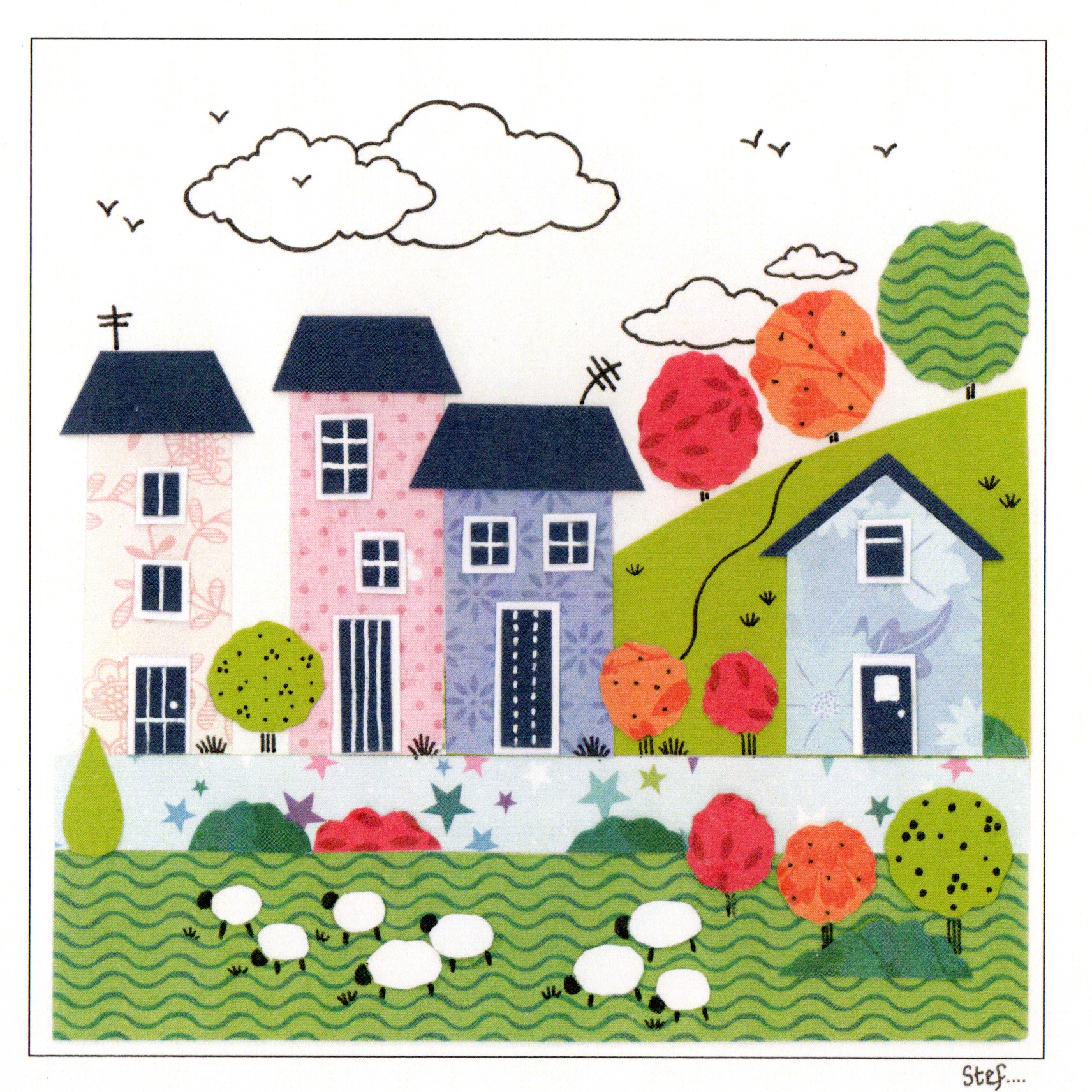 Four Patterned Houses On Green Hills — wholesale greeting card