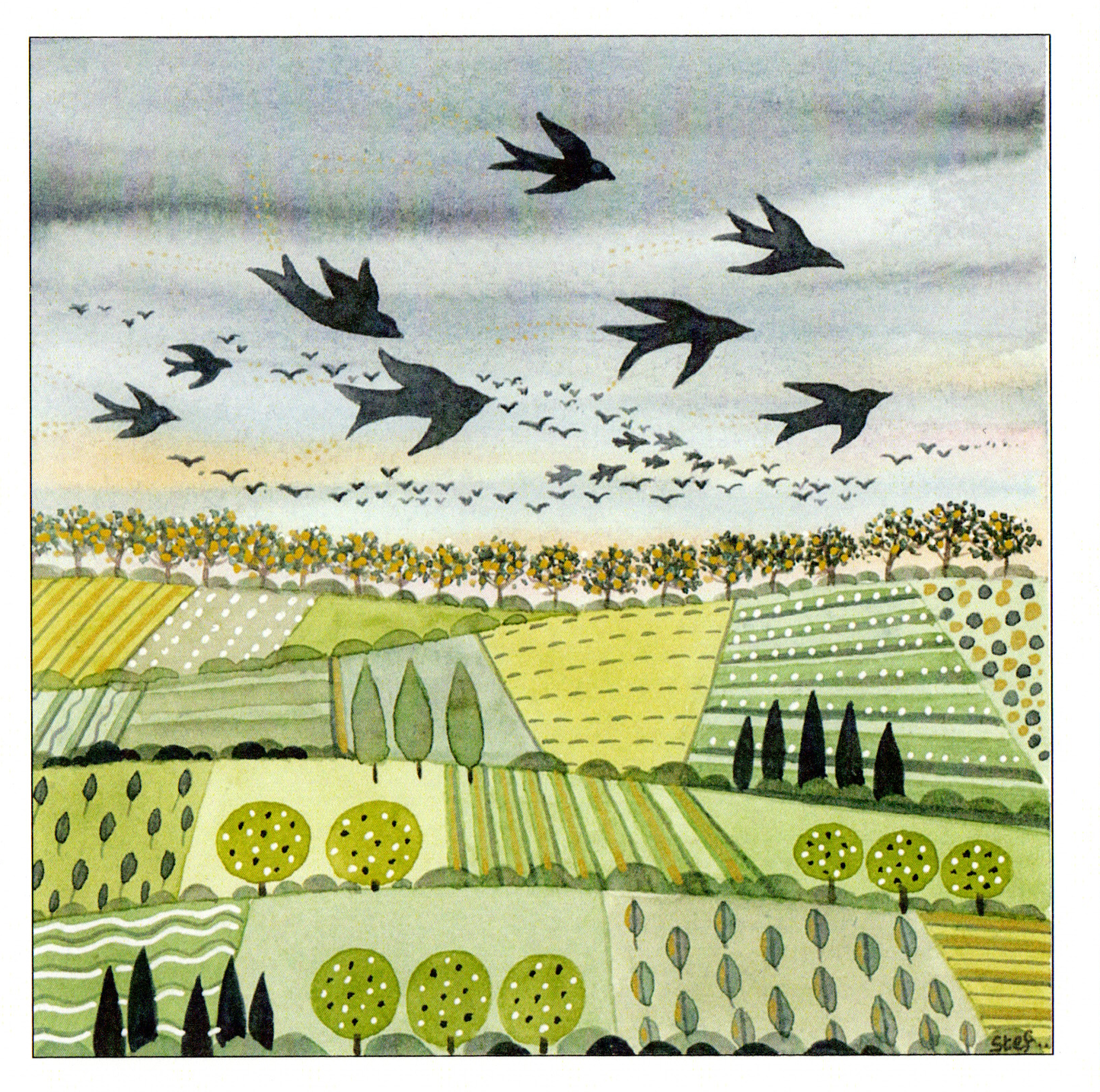 Blackbirds flying over planted fields — wholesale greeting card