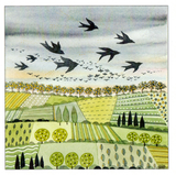 Blackbirds flying over planted fields — wholesale greeting card