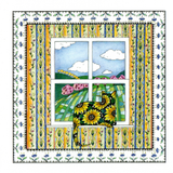 A patterned cat looking out of the window at a patchwork countryside — wholesale greeting card