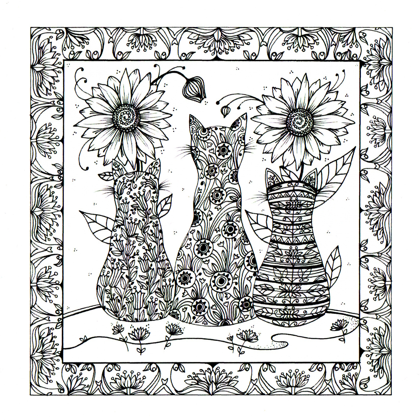 Colour Your Own Cats Three Cats Looking At Sunflowers — wholesale greeting card