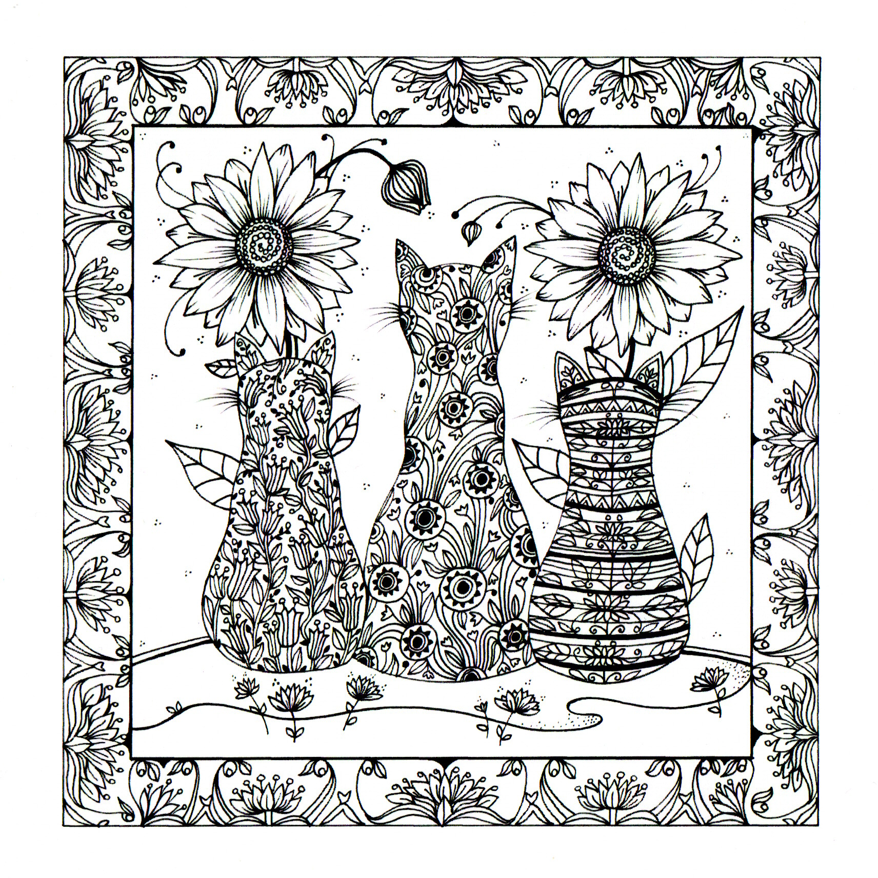 Colour Your Own Cats Three Cats Looking At Sunflowers — wholesale greeting card