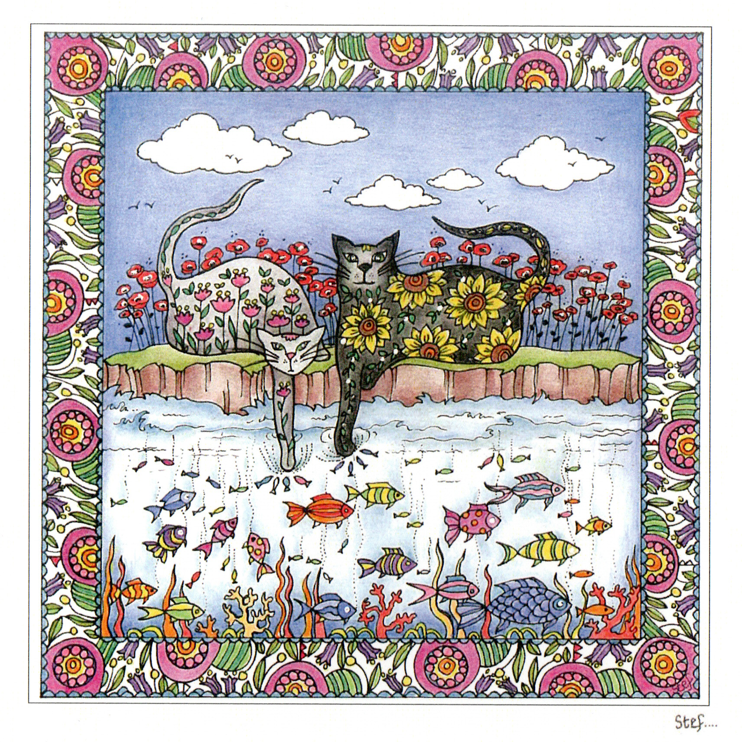 Two patterned cats fishing in the garden — wholesale greeting card