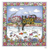 Two patterned cats fishing in the garden — wholesale greeting card