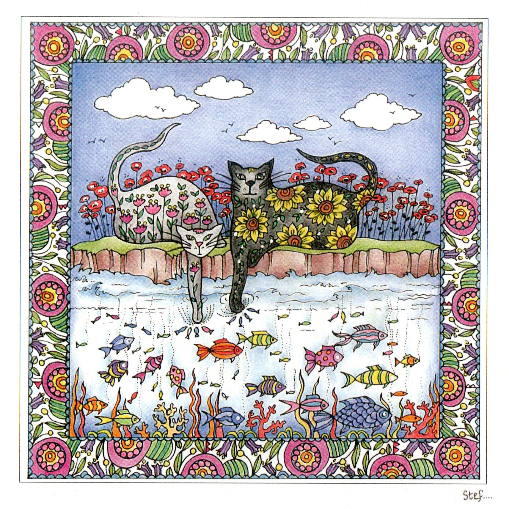 Two patterned cats fishing in the garden — wholesale greeting card